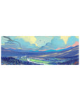 Vibrant landscape 32x12 mouse pad with flowing rivers, towering mountains, and pastel skies for a tranquil, nature-filled desk experience