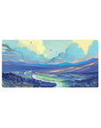 Vibrant landscape 32x16 mouse pad featuring flowing rivers, towering mountains, and pastel skies for a serene, inspiring workspace