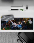 Warm amber sunlight and deep teal shadows anime desk mouse pad, 32x12 inches.