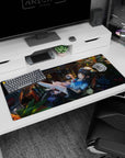 36x16 inches anime desk pad featuring dark-haired girl lounging on a balcony chair with coffee and book.