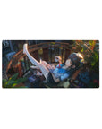 32x16 inches anime girl mouse pad with cozy balcony reader, coffee, brick arch, and leafy sunlight scene.
