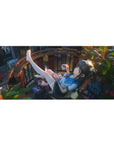 36x16 inches anime girl desk pad with balcony coffee-and-book scene, cozy brick terrace art.