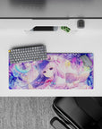 28x12 inches lavender-and-pastel anime mouse pad with candy-glow crystals, pink ribbons, cozy vibe.