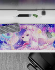 36x16 inches lavender-haired anime desk pad in dreamy pastel neon, cozy bookish vibes and magical light.