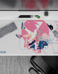 40x20 inches anime girl desk pad in pink and white splashes, cozy dreamy sci-fi vibe, crisp print.