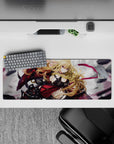 32x12 inches anime desk mouse pad in crimson, black, and smoky gray with magenta ribbons and cute menace.