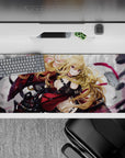 36x16 inches anime desk pad in crimson, black, smoky gray with magenta ribbons and edgy badass vibe.