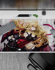 Crimson, black, and magenta anime girl desk pad 40x20 inches with smoky gray backdrop and edgy vibe.