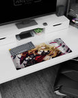 Anime girl mouse pad 28x12 inches featuring a fierce blonde warrior in straps and armor, hair flying.