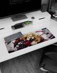 32x12 inches extended mouse pad featuring a fierce blonde anime girl in strappy armor on a smoky backdrop.