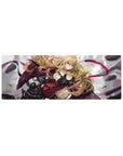 32x12 inches anime girl mouse pad with badass pinup armor straps, golden curls, and metallic gear details.