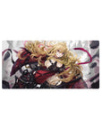 Anime girl mouse pad 32x16 inches with armored pinup art, golden curls, and metallic strap details.