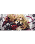 36x16 inches anime girl desk pad with golden curls, black armor straps, and metallic pinup action art.