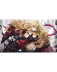 Anime girl desk pad 40x20 inches with badass pinup armor straps, metallic details, and flowing golden hair.