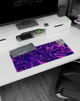 My Hero Academia mouse pad, 28x12 inches, featuring purple swirl abstract design, with deep purples and vibrant pinks for a bold, creative look.