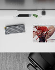 Red-ribbon anime girl mouse pad 14x10 inches in tan and white tones, dramatic action vibe for gaming desks.