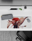 32x12 inches anime mouse pad in fiery red ribbons, tan coat tones, clean white dots, dramatic vibe.