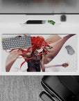 Anime girl mouse pad 32x16 inches in fiery red, warm tan, and clean white for an intense late-night vibe.