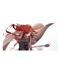 Anime girl desk pad 36x16 inches with red hair ribbons, staff pose, tan coat, white dotted background.