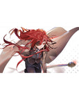 40x20 inches anime girl desk pad with red hair ribbons, tan coat, staff pose on dotted white background.