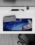 28x12 inches anime mouse pad in deep cobalt blue and lavender sky tones, calm focus with a wistful mood.
