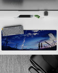 32x12 inches anime desk mat in cobalt blue and lavender skies, calm dreamy mood with crisp print.