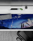 Calming cobalt-to-lavender sky anime desk pad 36x16 inches, crisp print and serene, wistful mood.