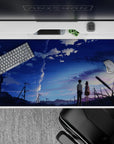 40x20 inches anime desk pad in deep cobalt and lavender, calm dreamy sky scene for focused gaming.