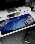 40x20 inches anime desk pad showing schoolboy and schoolgirl under towering spiral cloud by road.
