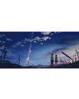 Anime desk pad 36x16 inches with students on a summer road under a towering spiral cloud and power lines.