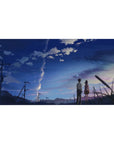 40x20 inches anime desk pad with summer road, two students, power lines, and a huge spiral cloud sky.