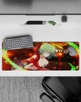 Anime girl mouse pad 32x12 inches in warm sunset oranges, deep shadows, and glowing lantern mood.