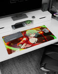 Anime girl mouse pad 32x16 inches showing mint-green haired girl lunging in red, leaves flying by lanterns.