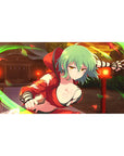 Anime girl desk pad 40x20 inches with mint-green haired assassin, red outfit, lantern shrine backdrop.