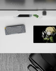 Winter noir anime mouse pad 14x10 inches, deep black with golden eyes and a warm spark glow.