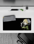 28x12 inches black anime mouse pad with gold eyes, olive tones, and a quiet winter vibe with fiery glow.