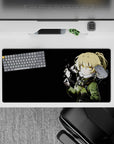 32x16 inches black anime mouse pad with golden eyes glow, winter blush cheeks, starry spark mood.