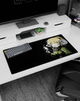 32x16 inches anime girl desk mat showing blonde warrior in fuzzy-collar jacket holding a tiny spark.