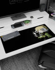 Blonde anime warrior on desk pad 36x16 inches, fuzzy collar and harness, holding a tiny twinkling spark.