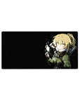 32x16 inches anime girl mouse pad with blonde fighter, olive jacket, sword hilt, spark on black.