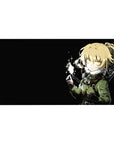 Anime girl desk pad 40x20 inches with blonde fighter, olive jacket, sword hilt, and glowing spark.