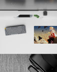 Warm peach sunset anime mouse pad 14x10 inches, calm lonely vibe with golden hair and crimson accents.
