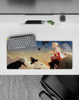 Anime girl mouse pad 28x12 inches in warm peach sunset tones, calm lonely vibe, golden hair and red gloves.