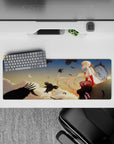 32x12 inches anime mouse pad in warm peach sunset tones, calm lonely vibe, blonde girl with red gloves.