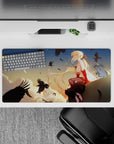 32x16 inches anime desk mat in warm peach sunset tones, calm lonely vibe, golden hair and red gloves.