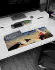 32x12 inches anime girl mouse pad showing a blonde heroine on a ledge under the moon with circling crows.