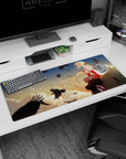 Blonde anime heroine on a ledge with hair ribbons and red gloves, crow-filled sky desk pad 36x16 inches.
