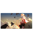 32x16 inches anime girl mouse pad with sunset sky, clouds, moon, and swirling black crows.