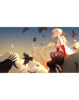 Anime girl desk pad 40x20 inches with sunset sky, moon, clouds, and swirling black crows.