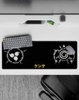 Anime mouse pad 32x12 inches featuring Uchiha and Uzumaki clan seals from Naruto, set against a black and white design.
